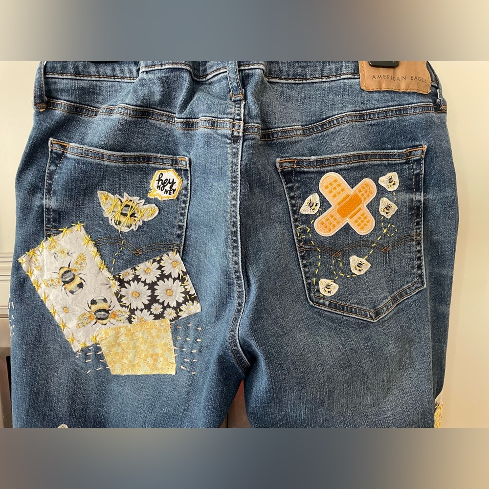 Custom Upcycled Jeans Sz 12 14 Patchwork Hand Embroidered Sashiko Boro - Picture 8 of 15